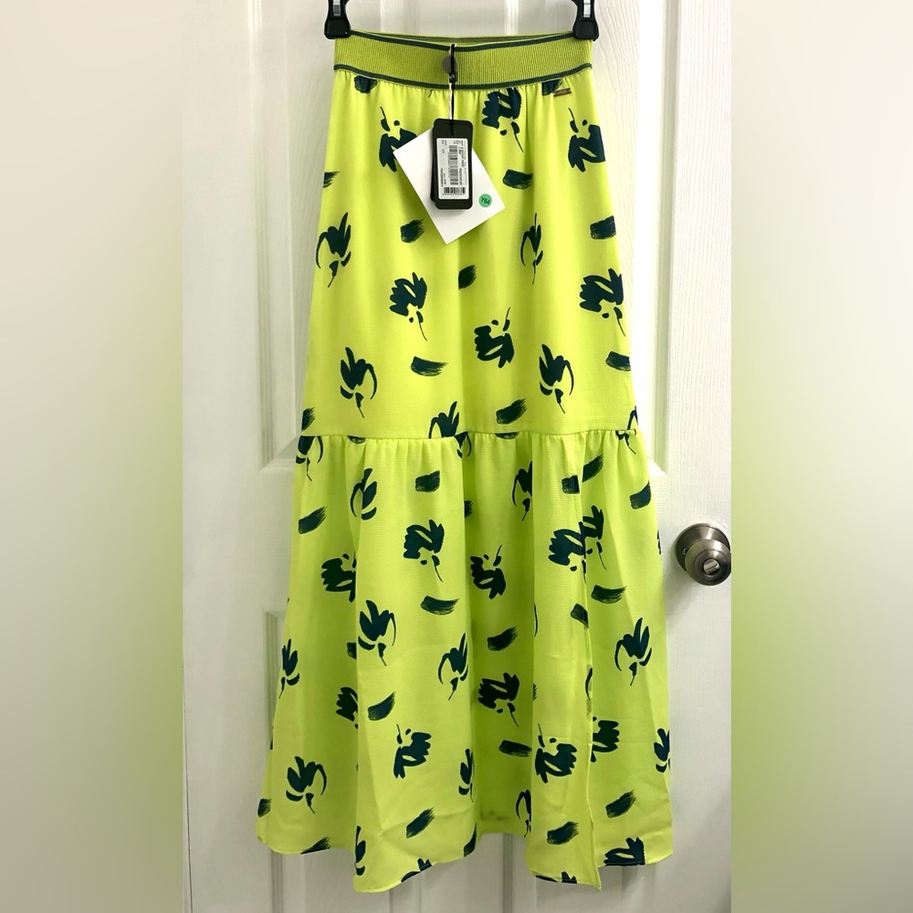 Armani Exchange Lime Green Maxi Skirt with Dark Green Abstract Print